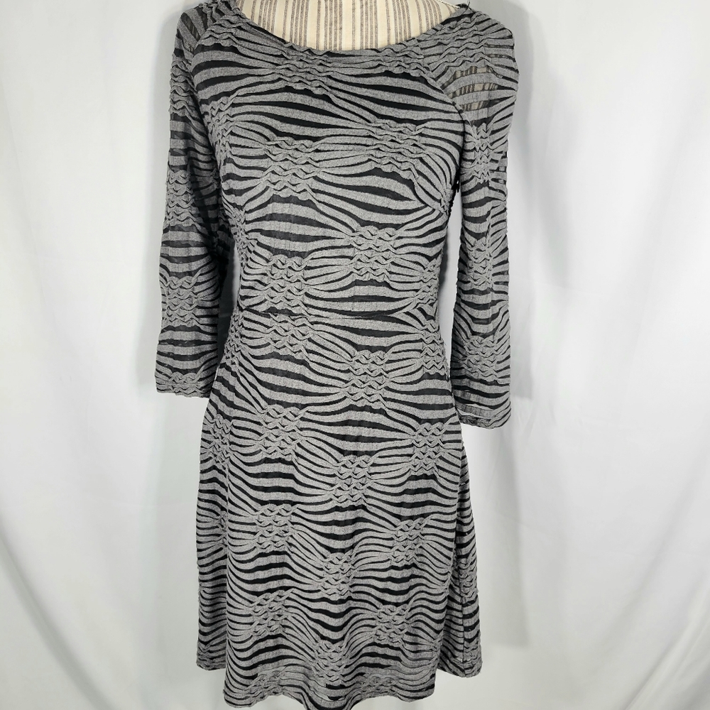 dressbarn Grey & Black Textured Open Stripes w/Mesh Long Sleeve Dress Size 4